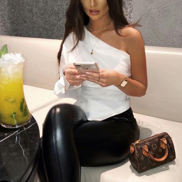

Women sexy one shoulder white blouse skew collar one sleeve irregular shirts female slim stylish tops blusas