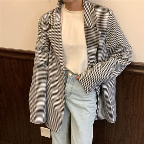 

women's suits & blazers hzirip 2021 autumn plaid office lady streetwear vintage jackets casual retro all match femme coats ol women loo, White;black