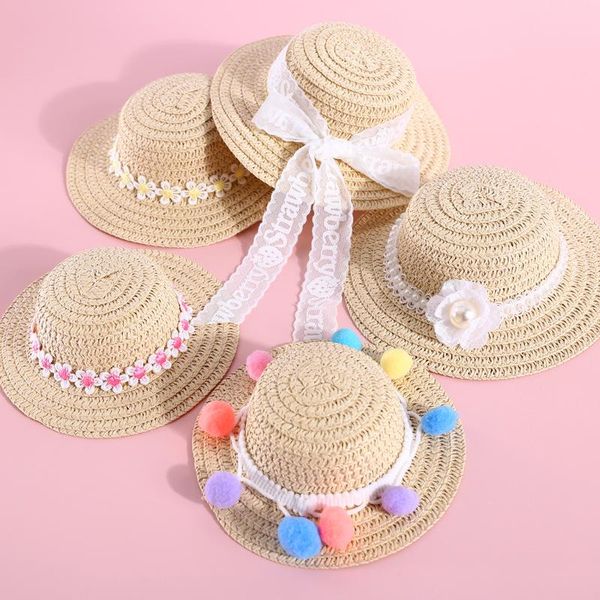 

pet fashion ins woven adjustable pearl flower lace bow daisy ball cat puppy internet celebrity sunshade straw hat po props costumes