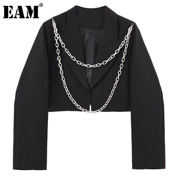 

women's suits & blazers [eam] women black chain spliced short blazer lapel long sleeve loose fit jacket fashion tide spring autumn 2021, White;black
