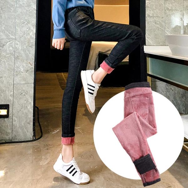 

women's jeans high waist velvet thick female winter 2021 skinny stretch warm lady leggings denim pencil fleece trousers, Blue