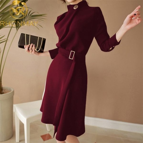 

spring women dress vintage elegant offical lady sashes stand collar a-line 210520, Black;gray