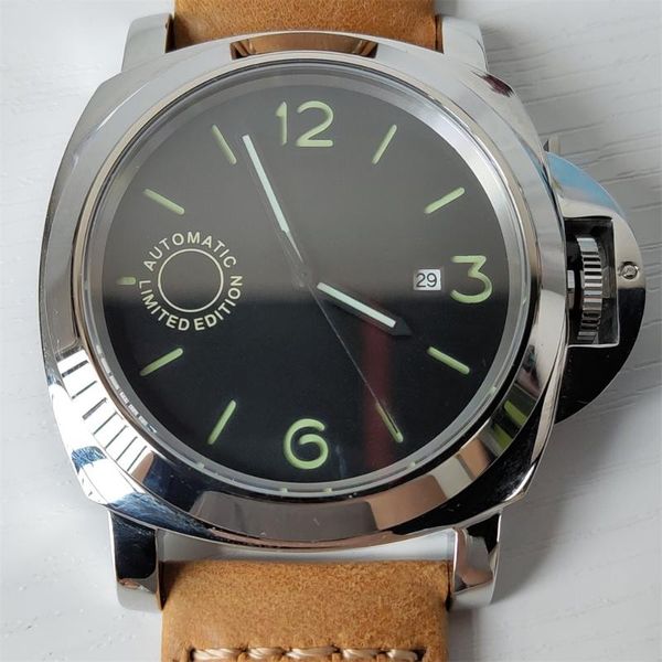 

wristwatches 44mm watch men automatic mechanical stainless steel luminous waterproof leather strap date p11, Slivery;brown