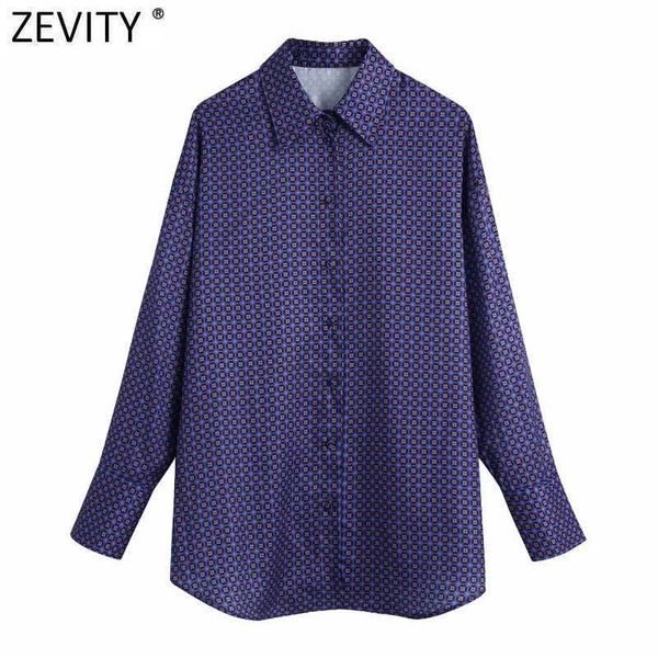 

zevity women vintage geometric print casual smock blouse office lady turn down collar shirts chic spring blusas ls7502 210603, White