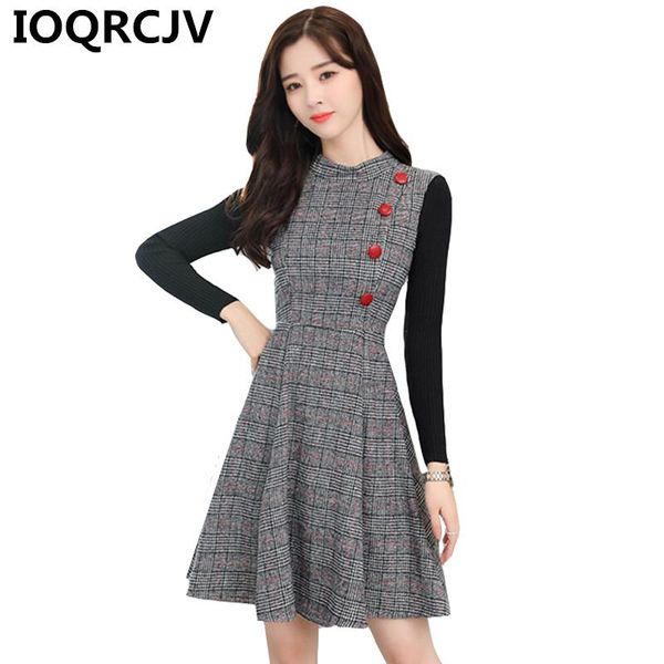 

casual dresses women plaid winter dress 2021 autumn long sleeve cotton woolen mini slim vintage elegant vestidos r797, Black;gray