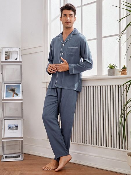 

men contrast binding pj set n6kr#, Black;brown
