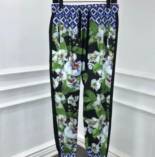 

pant fashion brand flower print casual cotton pencil pant for men, Black