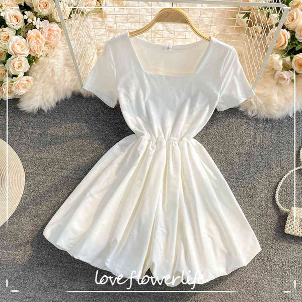 

loveflowerlife summer casual short elastic waist dress a line square collar solid chiffon sweet women dresses 210521, Black;gray