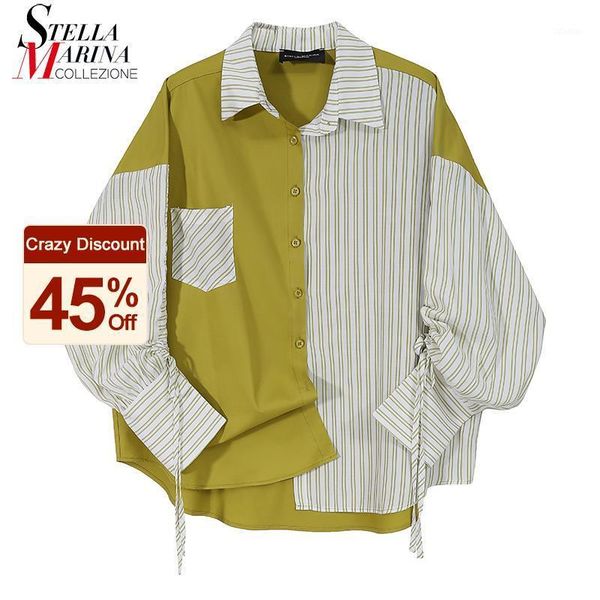 

korean style woman 2021 autumn oversized patchwork blouse full sleeve pocket blusas feminine casual shirt chemise femme 6703 women's bl, White