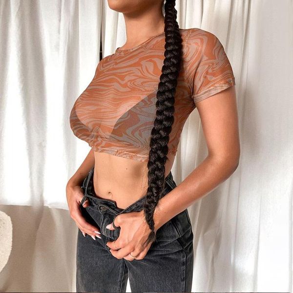 

women's t-shirt sheer mesh printed crop y2k aesthetic clothes see through round neck short sleeve graphic t shirts, White