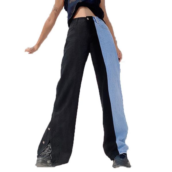 

women's jeans spring autumn women straight leg fashion panelled patchwork side split denim pants woman casual loose high waisted, Blue