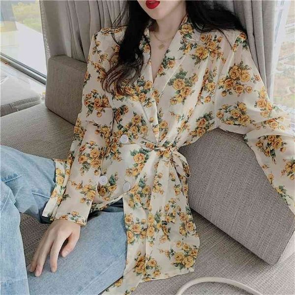 

chiffon floral women blouses long sleeve notched collar shirts double breasted sashes loose waist blusas korean fashion 210517, White