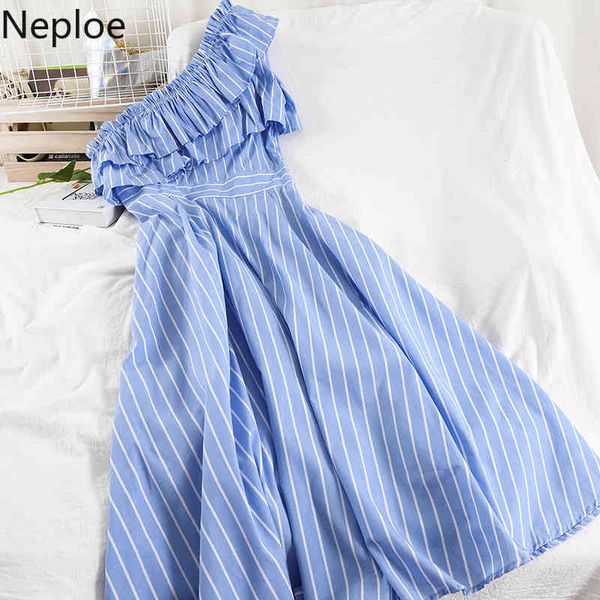 

neploe chic woman dress irregular oblique shoulder off shoulder vestidos heavy ruffles korean striped big swing dresses women 210422, Black;gray