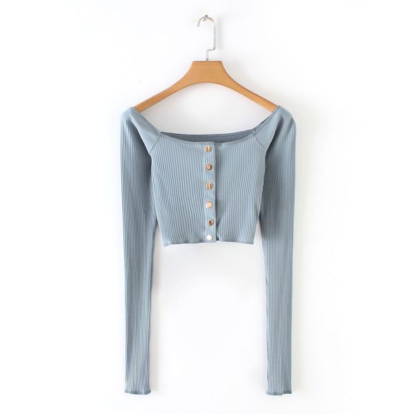 

t shirt spring / summer 2021 square neck long sleeve single breasted solid color slim thread short open navel, White