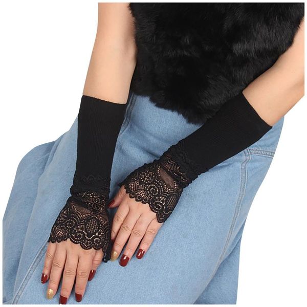 

five fingers gloves 1pairs dress party lace glove women solid floral print fingerless stretch arm elbow summer sunscreen mittens, Blue;gray