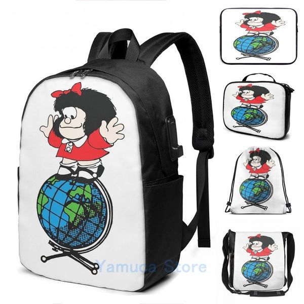 

backpack funny graphic print mafalda above the world usb charge men school bags women bag travel laptop