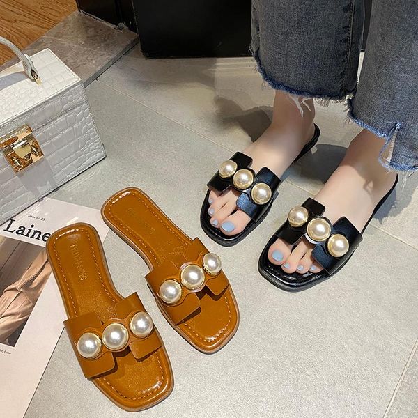 

flat shoes female womens slippers outdoor pantofle string bead luxury slides beach summer 2021 soft designer pu rubber basic, Black