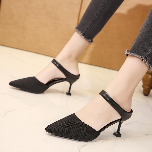 

dress shoes knitted elastic mesh sandals women fashion pointed high heels slip-on mixed colors thin shallow summer woman, Black