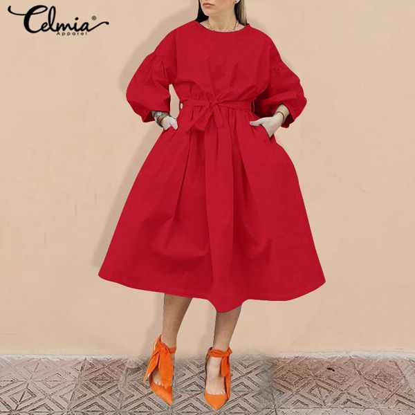 

women fashion lantern sleeve dress celmia party dresses o-neck belted casual solid pleated work vestidos plus size 7, Black;gray