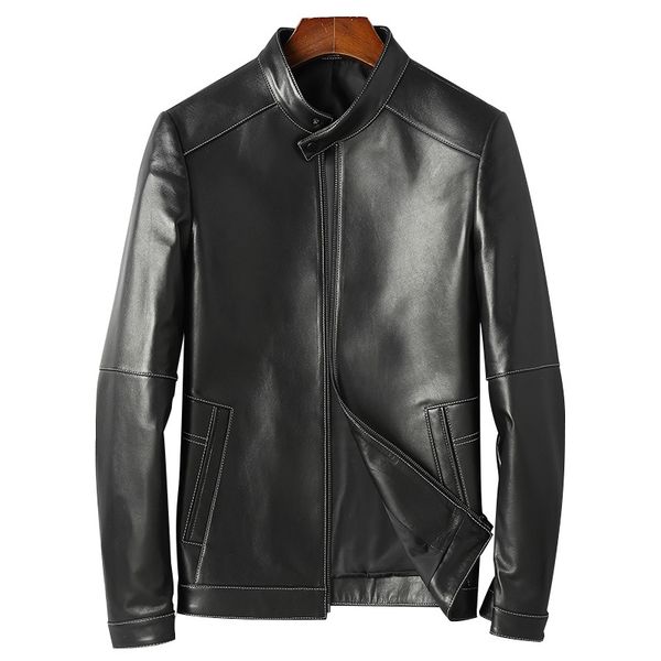 

sheep leather motorcycle biker jacket man clothes casual coats spring and autumn male overcoat outerwear slim fit korean style stand-collar, Black