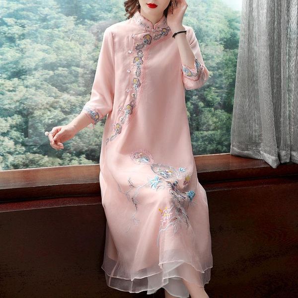 

casual dresses chinese style cheongsam improved floral dress retro embroidery national women qipao loose vintage quality, Black;gray