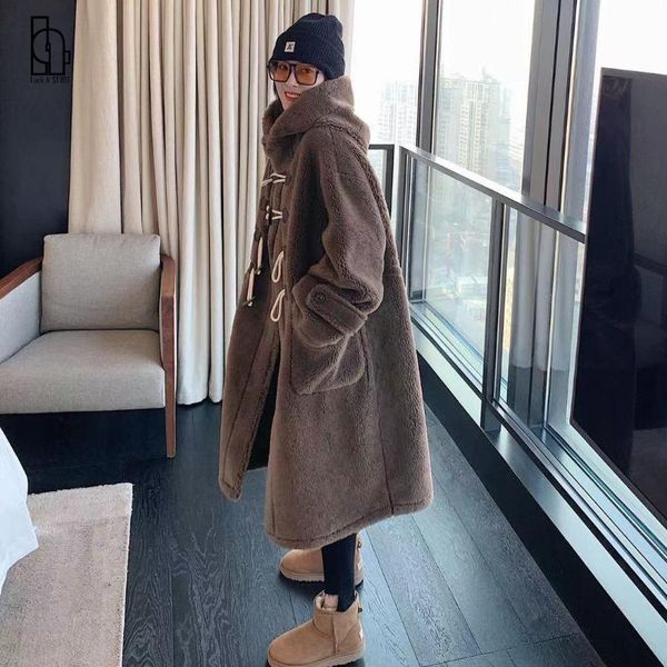 

women's fur & faux fashion horn button wool cashmere long coat women casual sleeve with hood straight autumn winter coffee khaki jacket, Black