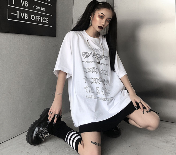 

new dark necklace letter print shirt short sleeve trend casual cool men harajuku shirts clothing goth clothes punk clothes, White