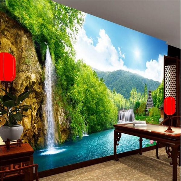 Benutzerdefinierte Wandbilder Seidenstoff Wandaufkleber 3 D Berg Wasserfall Lake Tower Malerei Foto 3d Wandbilder Tapete