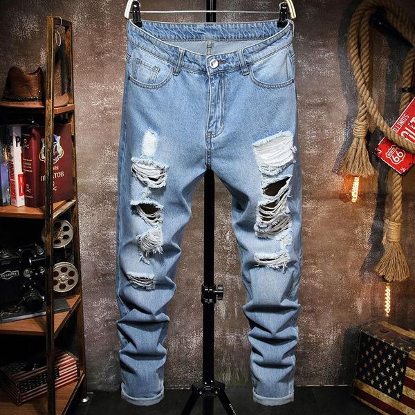 

men's light blue jeans 2021 spring and summer worn out
