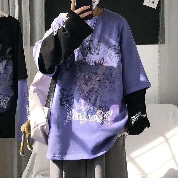 

women's t-shirt female patchwork shirt, long sleeve purple japanese style, for fall ql0a, White