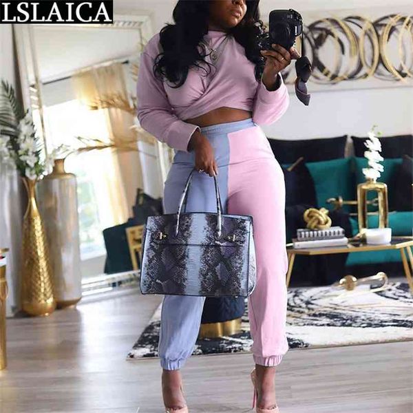 

plus size two piece set women streetwear o neck woman pants color matching sports suits for casual knit 2 pcs winter 210515, White