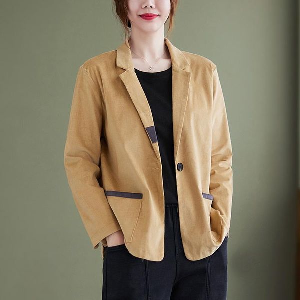 

women's jackets 2021 autumn large size clothing loose retro corduroy small suit jacket cardigan solid color all-matching.kio, Black;brown