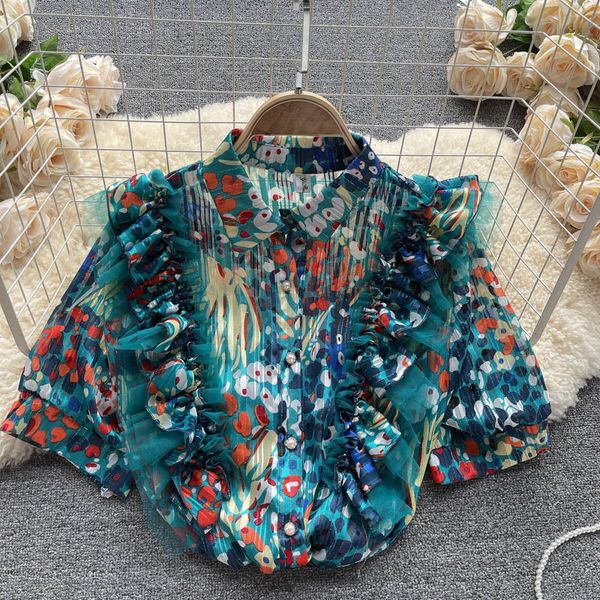

singreiny women chiffon floral blouse retro turndown-collar single breasted casual summer korean bohemian print blouses 210419, White