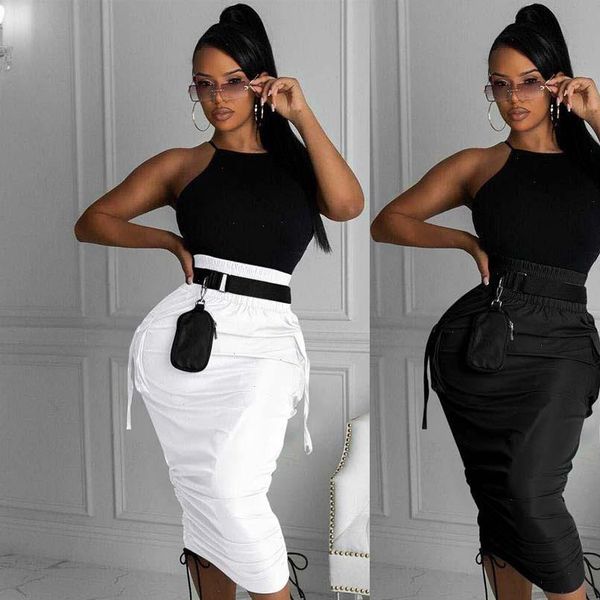 

high waist pocket side women skirt string draped bodycon midi streetwear black white plus size