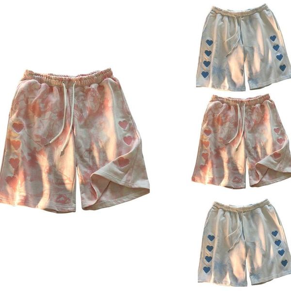 

men's shorts womens summer drawstring elastic waist long harajuku gradient color heart embroidery sports loose sweat, White;black