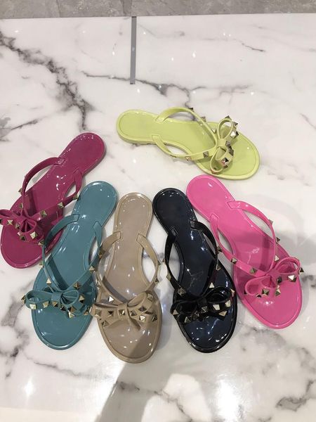 

style high-end riveting nail bowknot flat slipper summer beach slippers leisure pvc jelly shoes, Black