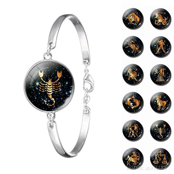 

link, chain 12 constellation bracelet bangle silver plated glass cabochon for men women libra scorpio aries taurus birthday gift, Black