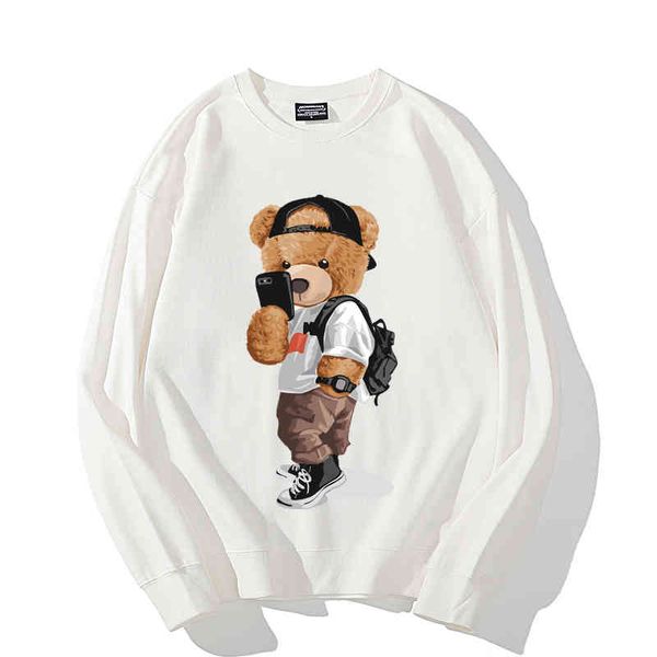 

100% cotton selfie bear print women's pullover men's hoodie winter 2021 round neck loose sweatshirt super dalian women, Black