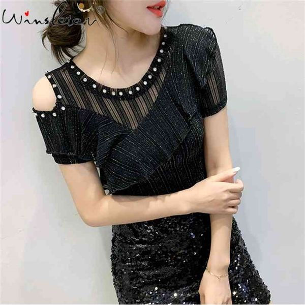 

women t shirt fashion female t-shirt shiny ruffles short sleeve cold-shoulder summer tees t03702b 210421, Black;gray