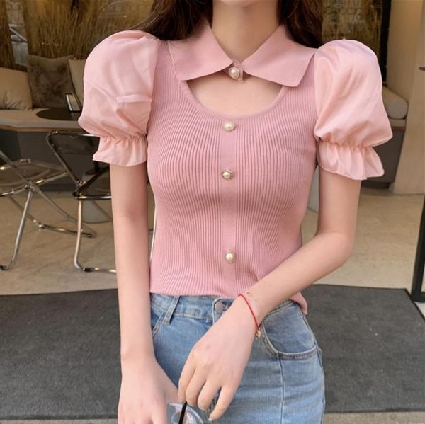 

women's t-shirt korean ins pink sweet girl round neck pleated lantern sleeve loose all-matching comfortable temperament doll short top, White