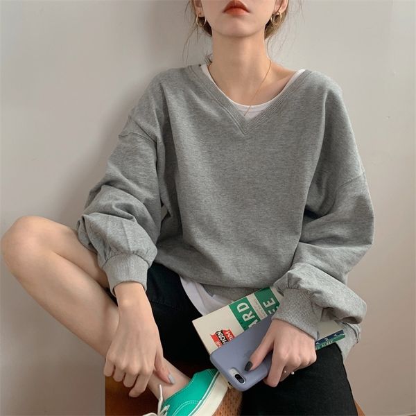 

korean basic solid color loose lazy style v-neck thin women's sweater, Black
