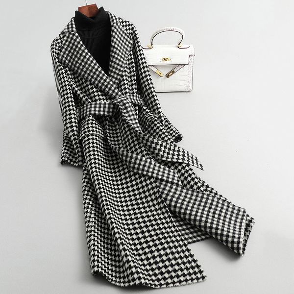 

women's jackets long coat of female plaid wool y2lu, Black;brown