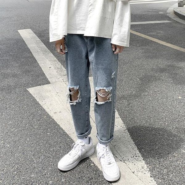 

men's jeans men clothes ankle -length fashion ripped summer trend korean youth wild straight loose slacks, Blue