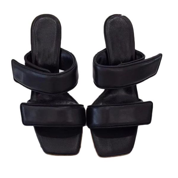 

designer stylish 8cm thin high heels female slippers women open toe square head word drag catwalk sandals cow skin leather shoes, Black