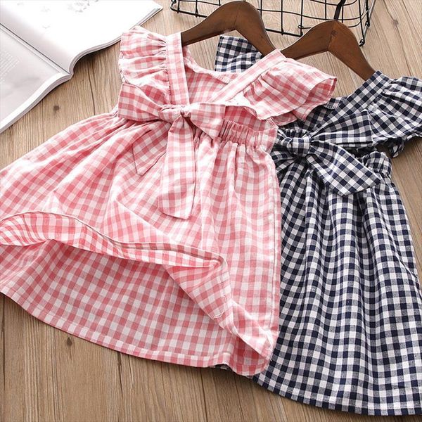 

girls dresses fly sleeve fashion plaid printed bow backless children clothes summer prinecess dress, White