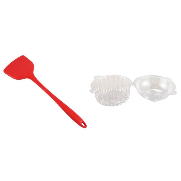 

50pcs single plastic clear cupcake box & 1 pcs non-stick spatula silicone scraper heat-resistant long handle baking pastry tools