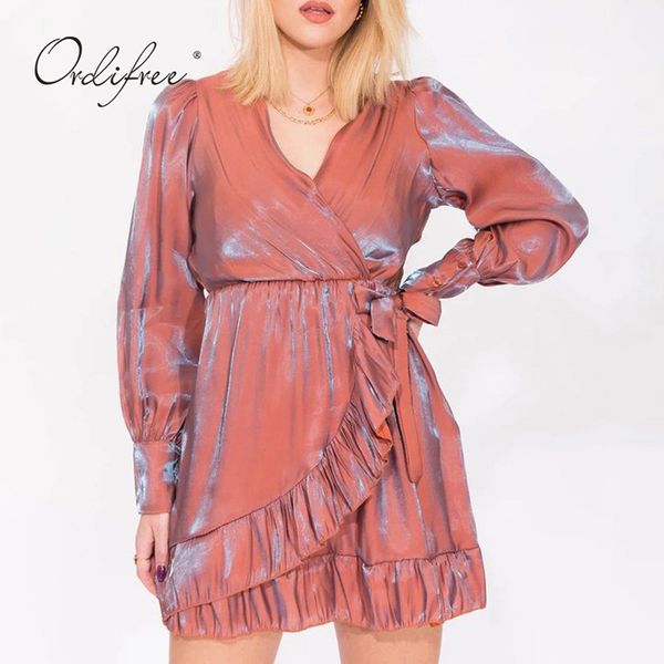 

summer women short satin long sleeve faux silk ruffle mini party dress 210415, Black;gray