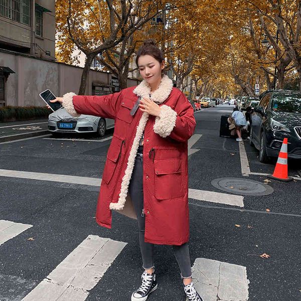 

winter elegant women lamb wool stitching cotton jacket korean style casual loose mid-length thickened coat 210423, Black