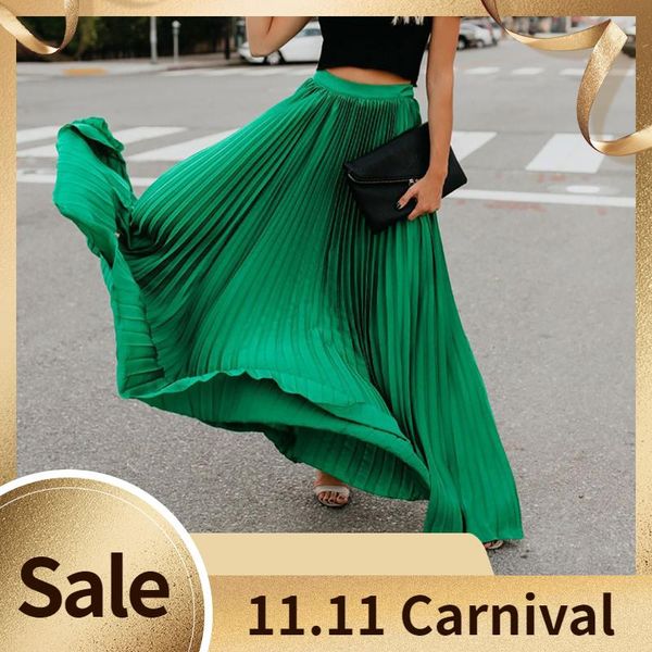 

skirts bohemian pleated long skirt lady loose soild high waist length all-match women ankle-length maxi plus size, Black