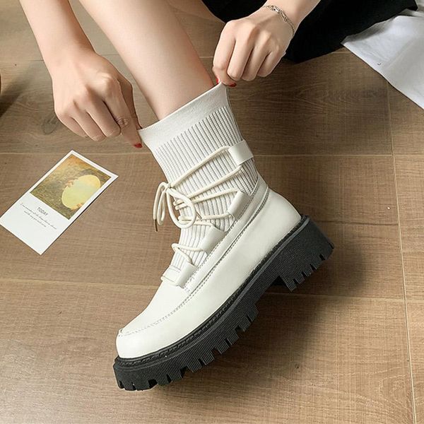 

boots women's ankle pu leather solid lace-up thick bottom female spring & autumn shoes platform leisure mature ladies footwear, Black